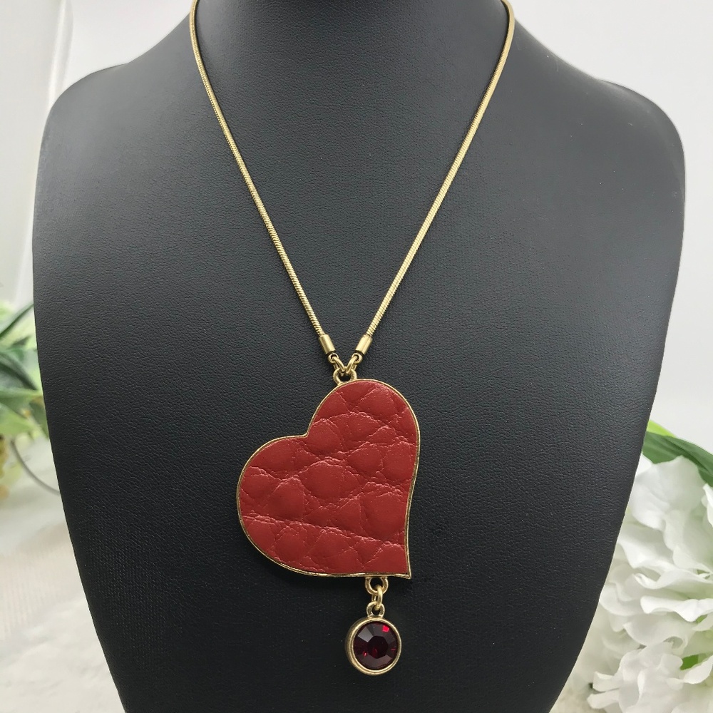 Goldtone Red Textured Heart Omega Chain Necklace